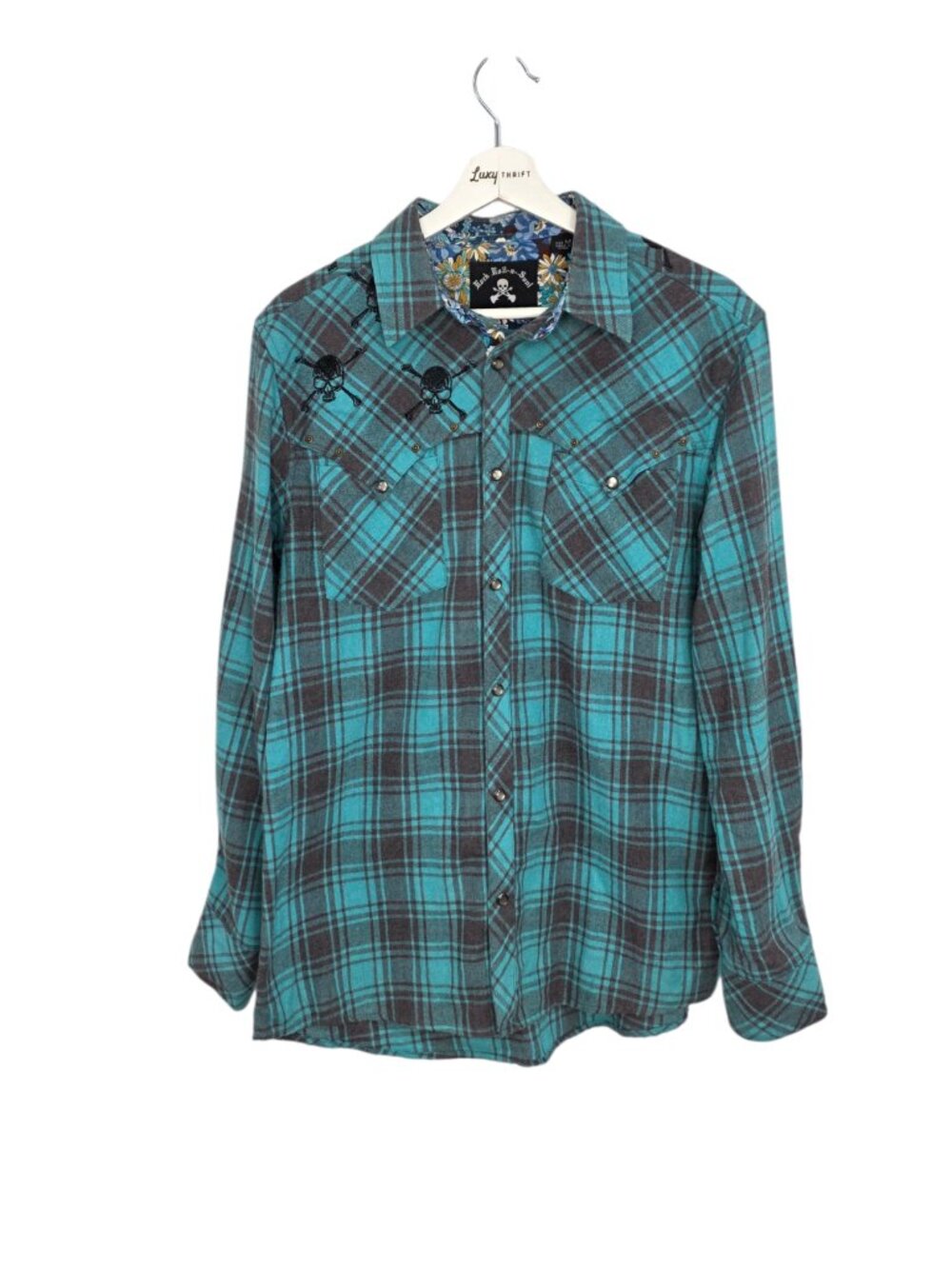 Rock Roll n Soul Long Sleeve Snap Button Shirt, Embroidered Skull, Flannel, Sz M